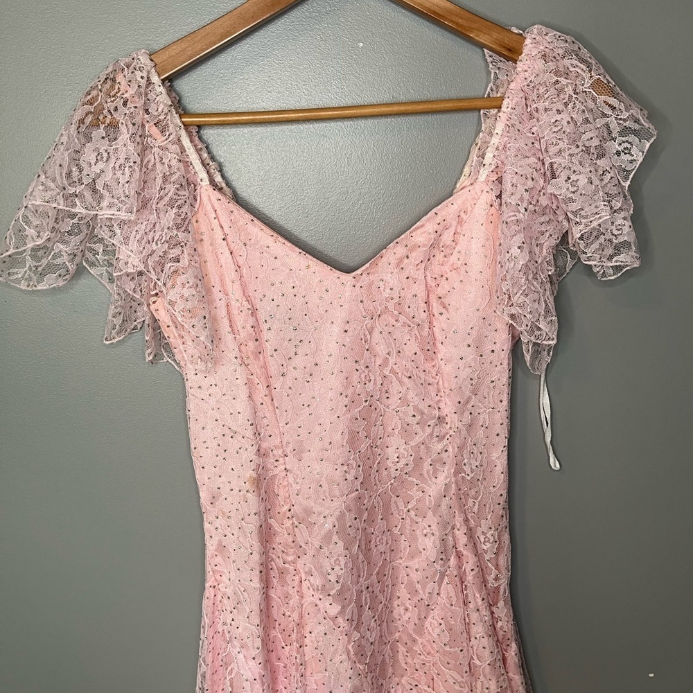 Nuance x Vintage 80s Cinderella Pink Tiered Asymmetrical Lace Rhinestone Dress - Picture 4 of 13